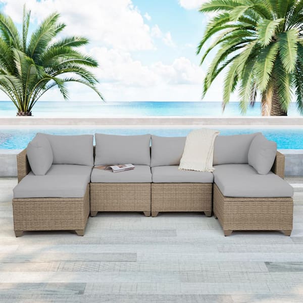 TK CLASSICS Maui 6-Piece Wicker Patio Conversation Set with Stone Cushions