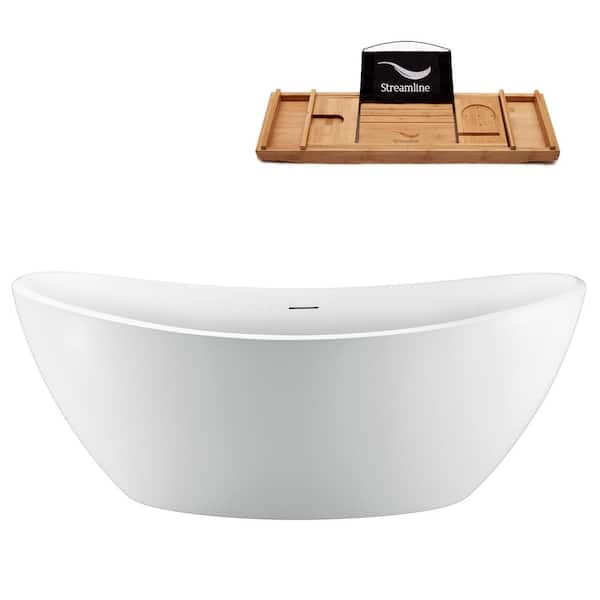Streamline 63 in. Acrylic Flatbottom Freestanding Bathtub in Glossy White with Brushed Nickel Drain