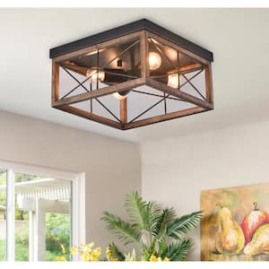 12.6 in. 4-Light Farmhouse Rustic Square Wooden Flush Mount Ceiling