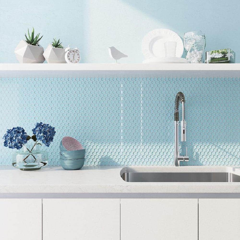 Sky Blue Penny Round Polished Glass Mosaic Tile 12'' x 12''