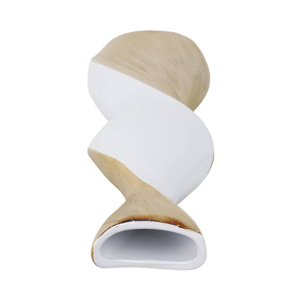 24" Twisted White and Gold Ceramic Vase