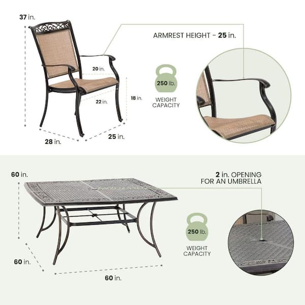 Fontana 9-Piece Aluminum Outdoor Dining Set with 8 Sling Chairs and a 60 in. Square Cast-Top Table