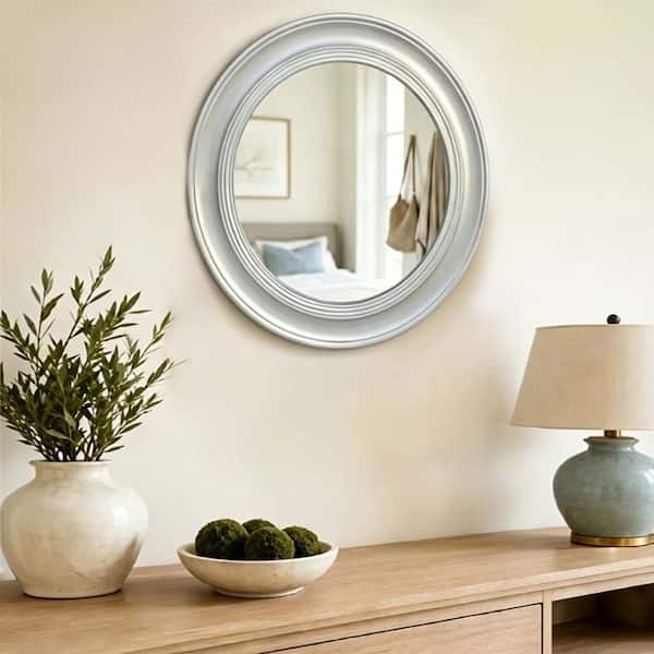 Vintage Round Wall Mirror, Brushed Silver Iron Frame, Retro