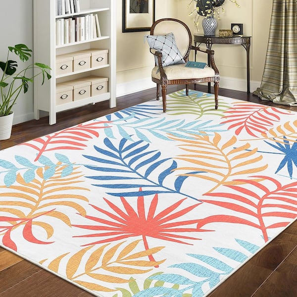 Modern Botanical Printed Rug with Non-slip Backing Short Pile Foldable Rug Washable Living Room Rug Colorful 8X10ft