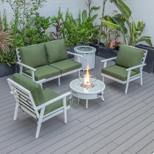 Walbrooke White 5-Piece Aluminum Round Patio Fire Pit Set with Green Cushions, Slats Design and Tank Holder