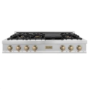 Autograph Edition 48 in. 7 Burner Front Control Gas Cooktop & Champagne Bronze Knobs in Fingerprint Resistant Stainless