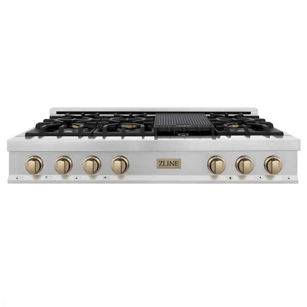 Autograph Edition 48 in. Legacy Rangetop with 7 Burners in Satin Stainless Steel with Champagne Bronze Accents