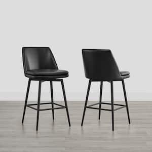 Cecily 27 in. Black High Back Metal Swivel Counter Stool with Faux Leather Seat (Set of 2)