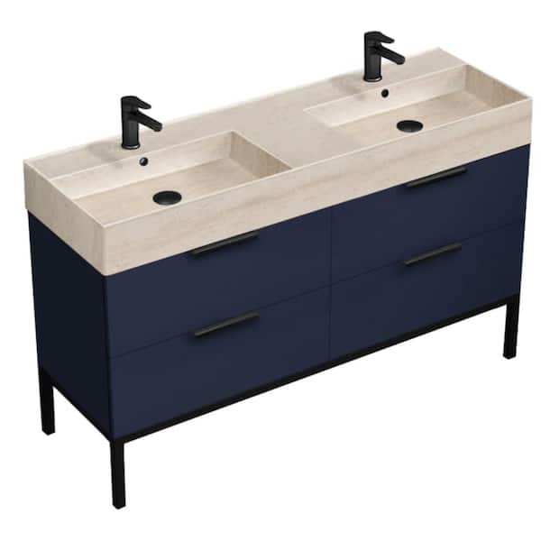 Derin 55.51 W x 18.11 D x 34.65 H Double Freestanding Bath Vanity in Navy Blue with Ceramic Beige Travertine Design Top