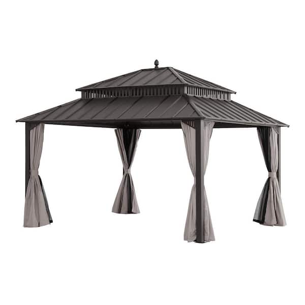 14 ft. x 12 ft. Kingston Aluminum Frame Steel Double Roof Hardtop Rectangular Gazebo with Curtain and Netting, Brown