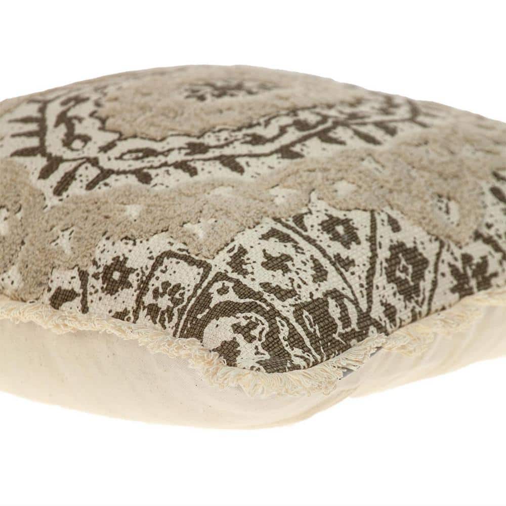 Beige Embroidered Square Cotton Throw Pillow 18" x 18"