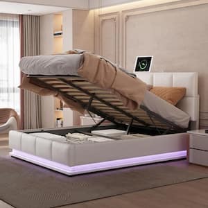 White Wood Frame Queen Size PU Platform Bed with Adjustable Headboard, Hydraulic Storage System, LED Lights and USB Port