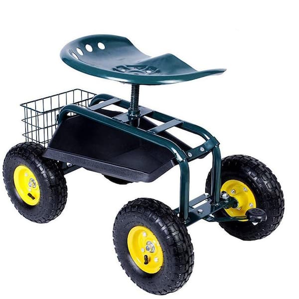 SUNRINX 1 cu. ft. Steel Rolling Garden Cart with Tool Tray and 360 Swivel Seat