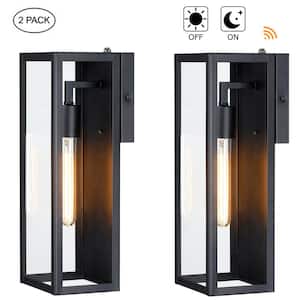 Cali 1-Light 16 in. Outdoor Dusk-To-Dawn Sensor Wall Lantern Sconce w/ Matte Black Finish and Clear Glass Shade（2-Pack）