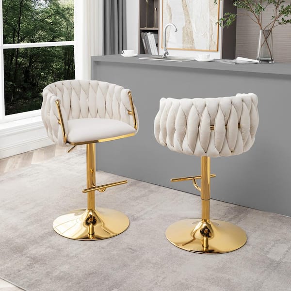 Earl 25 in. 33 in. Upholstered Cream Low Back Gold Metal Frame Adjustable Bar Stool With Velvet Fabric (Set of 2)