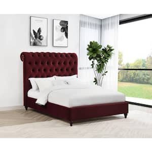 Devon Wine Red Wood Frame Upholstered Full Panel Bed with Tufted Rolled High Headboard