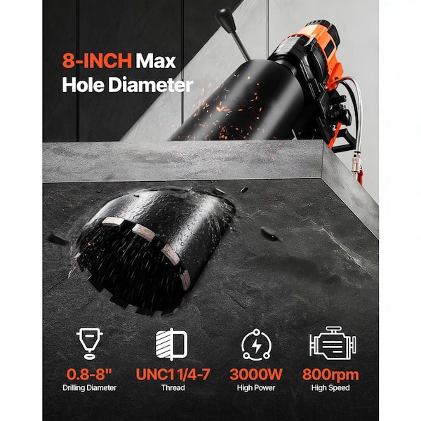 Diamond Core Drilling Machine, 0.8-8 in. Drilling Capacity,Stand-Mounted Wet and Dry Core Drill Rig with 8 Bits, 800 RPM