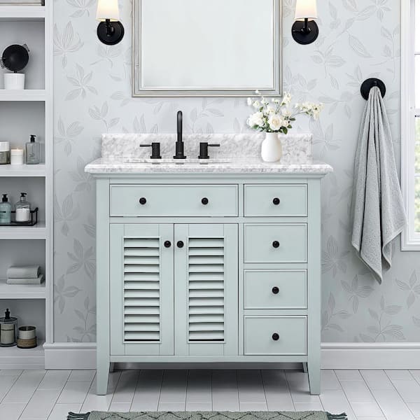 Fallworth 37 in. Single Sink Light Green Bath Vanity with Carrara Marble Top (Assembled)