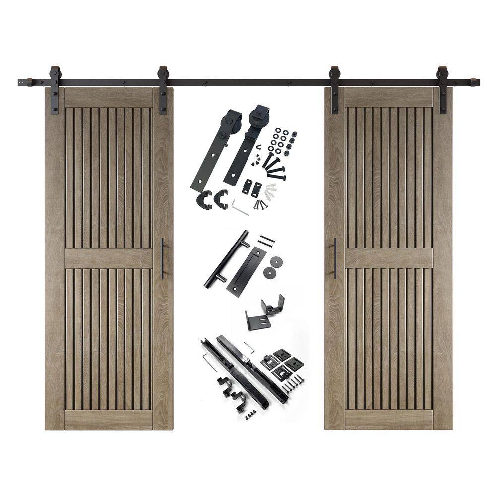ST 30 in. x 80 in. C-Panel Classic Gray Vertical Stripe Design Double Pine Wood Sliding Barn Door with Hardware Kit price history on PriceWatchPro