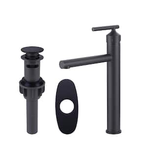 Tall Vessel Single Handle Single Hole Bathroom Faucet with DrainKit and Deckplate Included in Matte Black