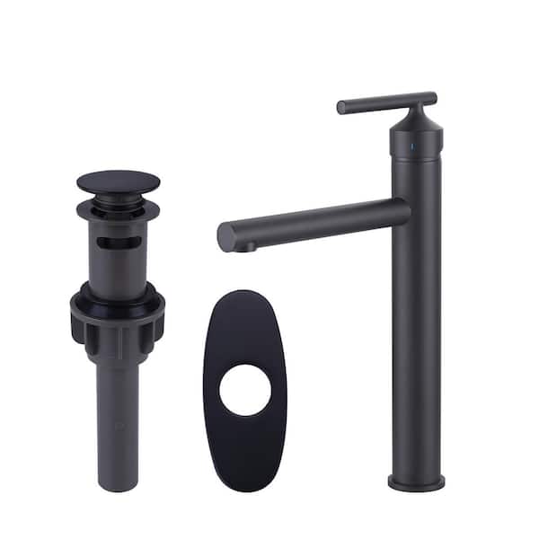 IVIGA Tall Vessel Single Handle Single Hole Bathroom Faucet with DrainKit and Deckplate Included in Matte Black