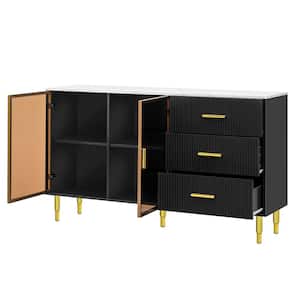 60 in. W x 16 in. D x 36 in. H Black Linen Cabinet Sideboard With Glass Doors and Gold Metal Legs