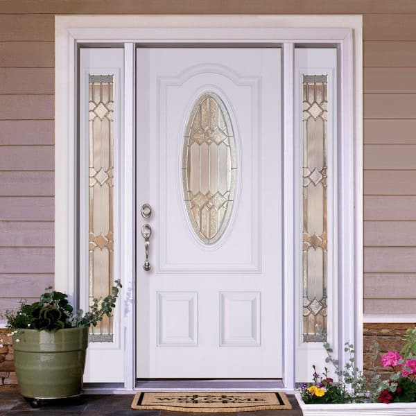 63.5 in.x81.625in.Mission Pointe Zinc 3/4 Oval Lt Unfinished Smooth Right-Hd Fiberglass Prehung Front Door w/Sidelights