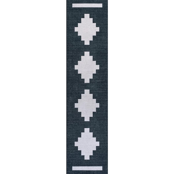 JONATHAN Y Adriel Geometric Medallion Machine-Washable Navy/Light Gray 2 ft. x 8 ft. Runner Rug