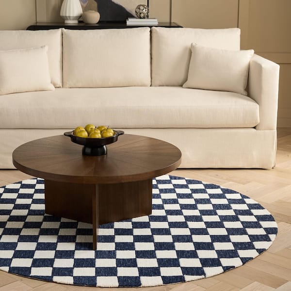 Martha Stewart 6 ft. x 6 ft. Navy/Ivory Check Round Rug