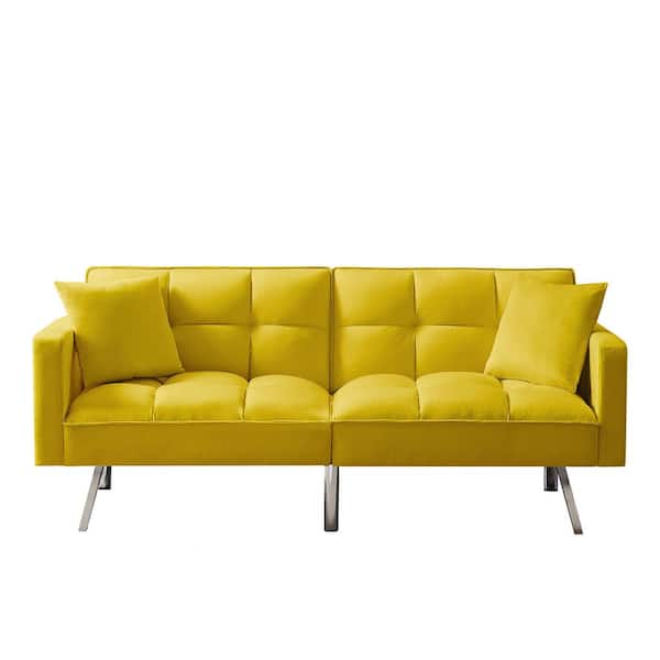 Unbranded Modern Convertible 74 in. Yellow Velvet Twin Size Sofa Bed with 2 Pillows and 3 Adjustable Angles for Backrest