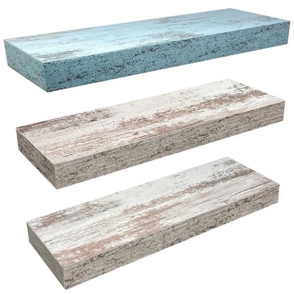 Sorbus 5.5 in. x 16 in. x 1.5 in. Rustic Blue and Gray Distressed Wood Decorative Wall Shelves with Brackets (3-Pack)