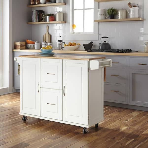 Dolly Madison White Kitchen Cart with Natural Wood Top