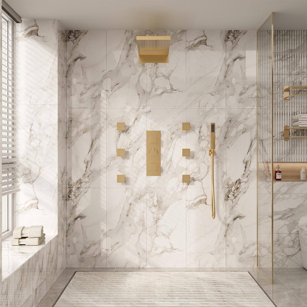 Brushed Gold Dual Rectangle Ceiling Mount Shower System with Body Jets