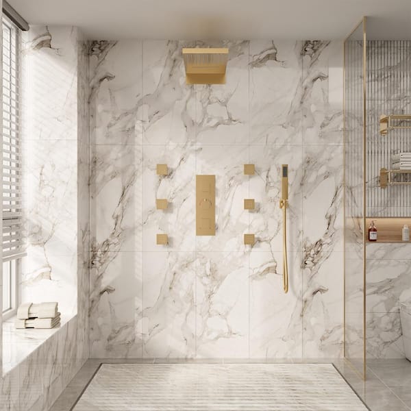 8-Spray 22 in. Wall Mount Rainfall Dual Shower Heads with 2.5 GPM and 6-Jet in Brushed Gold
