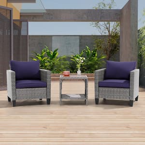 3-Piece Gray Wicker Patio Bistro Set Outdoor Single Sofa Set with Side Table for Outdoor Lawn, Navy Blue Cushions