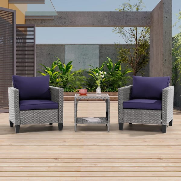 JOYESERY 3-Piece Gray Wicker Patio Bistro Set Outdoor Single Sofa Set with Side Table for Outdoor Lawn, Navy Blue Cushions