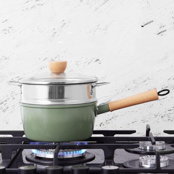 3 qt. Ceramic Nonstick Sauce Pan in Green with Lid and Steamer Wooden Handle for Cool Touch Non Toxic and PFAS-Free