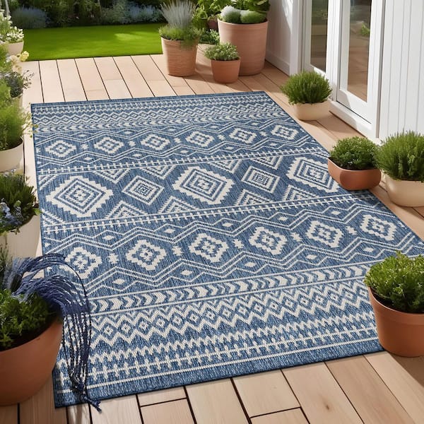 Waikiki Blue/White 10 ft. x 14 ft. Moroccan Geometric Washable Modern Indoor Outdoor Area Rug
