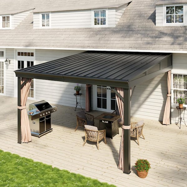 10 ft. x 12 ft. Outdoor Patio Aluminum Frame Lean-To Hardtop Gazebo with Galvanized Steel Roof, Curtains and Netting