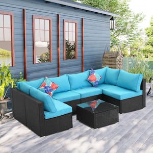 7-Piece Black Wicker Rattan Patio Outdoor Furniture Sectional Set Sofa with Blue Cushions and Table