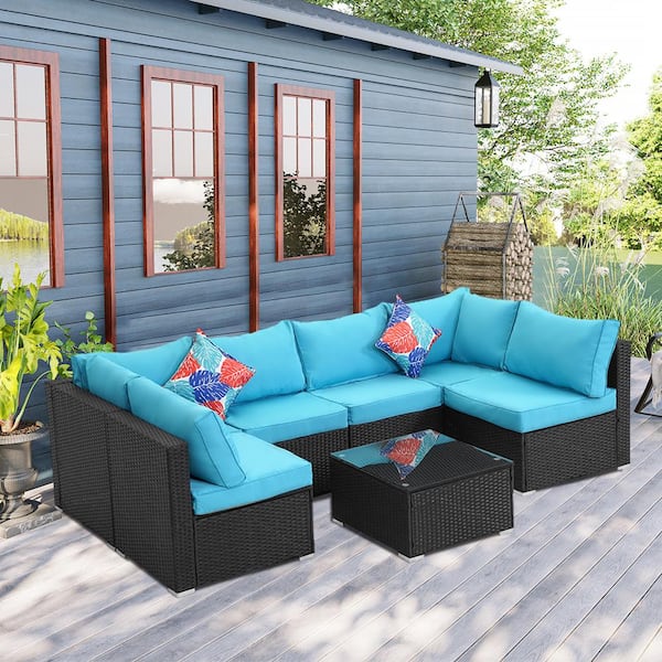 Unbranded 7-Piece Black Wicker Rattan Patio Outdoor Furniture Sectional Set Sofa with Blue Cushions and Table