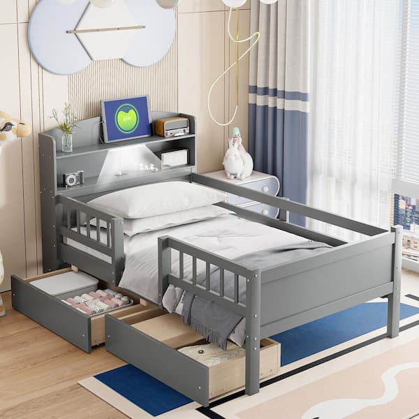 Gray Wood Frame Twin Size Platform Bed with Built-in LED Light, Guardrail and 2 Drawers