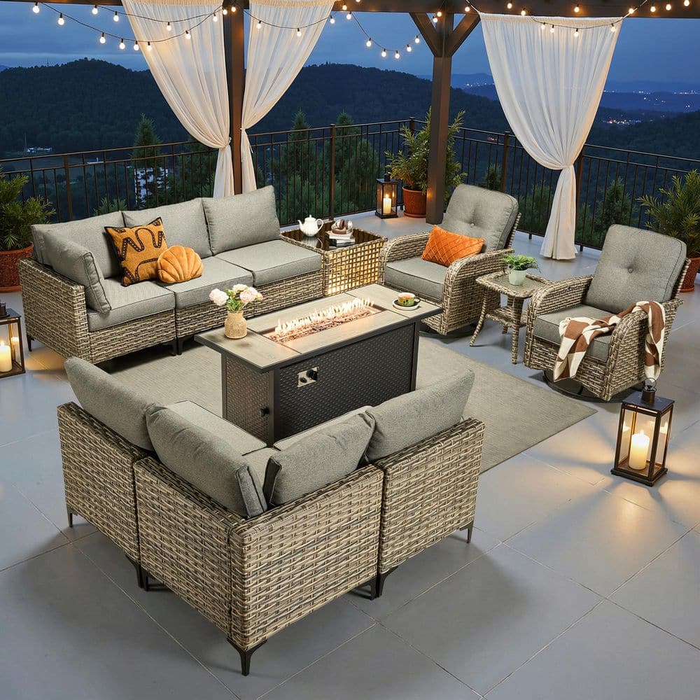 OVIOS Supery Gray 11-Piece Wicker 54 in. Rectangle Fire Pit Patio