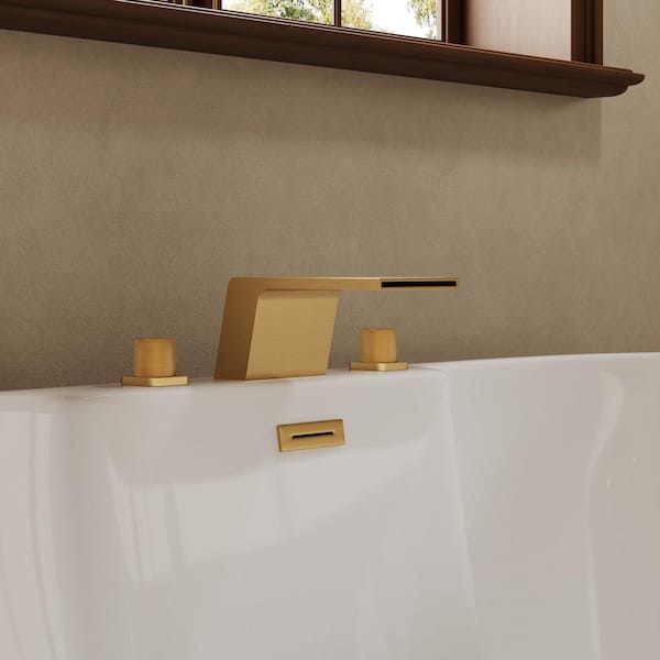 SerenityStream Widespread Double Handle Deck Mounted Roman Tub Faucet Waterfall Bathtub Faucet 5. 5 GPM in Brushed Gold