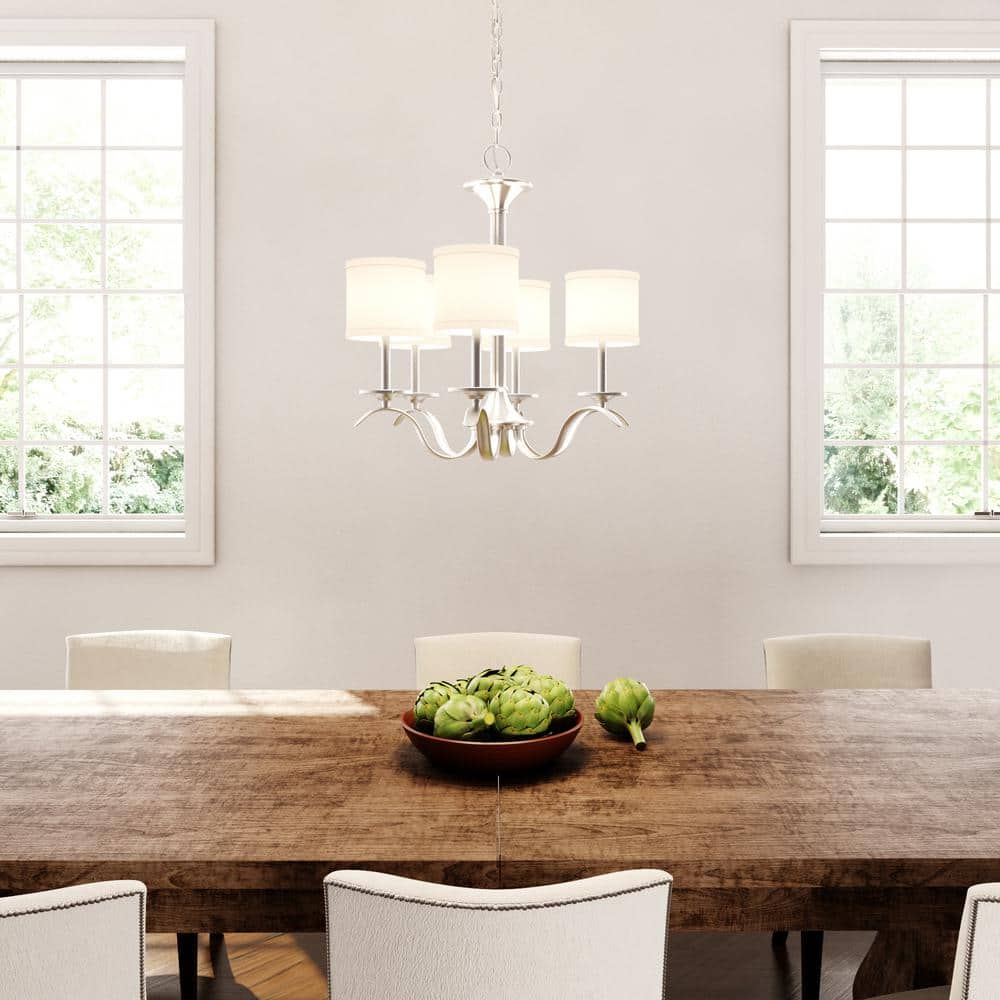 Brushed Nickel 5-Light Chandelier with Off-White Drum Shades