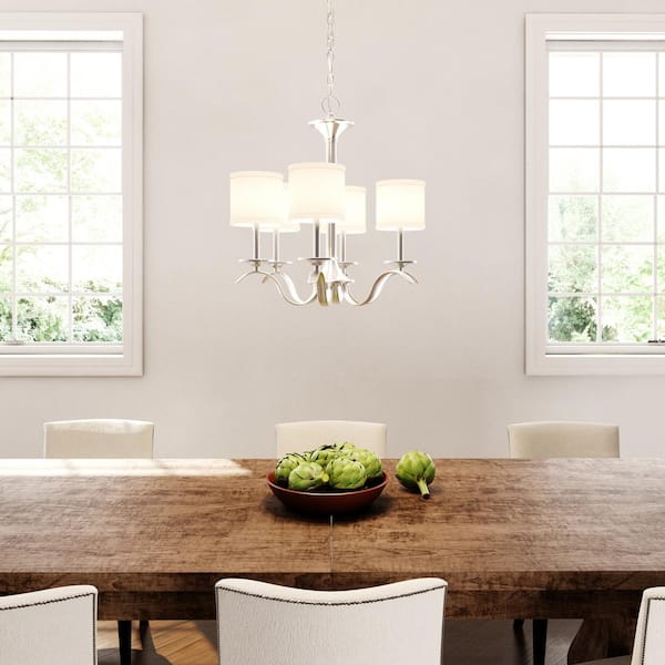 Inspire Collection 5-Light Brushed Nickel Off-White Linen Shade Traditional Empire Chandelier Light
