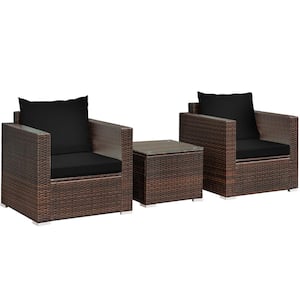 Brown 3-Piece Wicker Patio Conversation Set with Black Cushions and Coffee Table