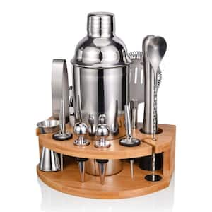 12-Piece 25 oz. Silver Cocktail Shaker Set, Stainless Steel Bar Tool Set, Bartender Kit with Stylish Bamboo Stand