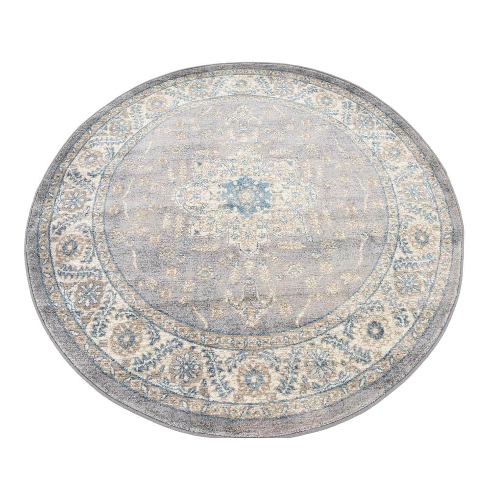 Salzburg Floral Medallion 5'1" Round Rug in Gray - Stain-Resistant