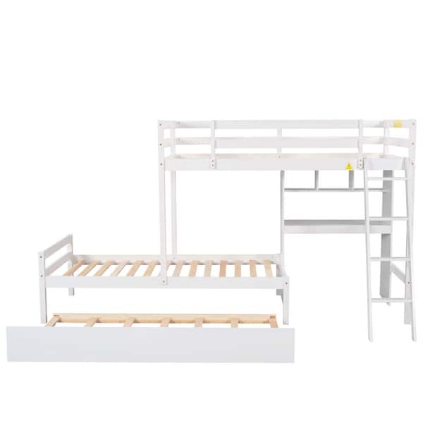 Utopia 4niture Angie White Twin over Twin Bunk Bed with Built-in Desk, Bookshelves and Trundle